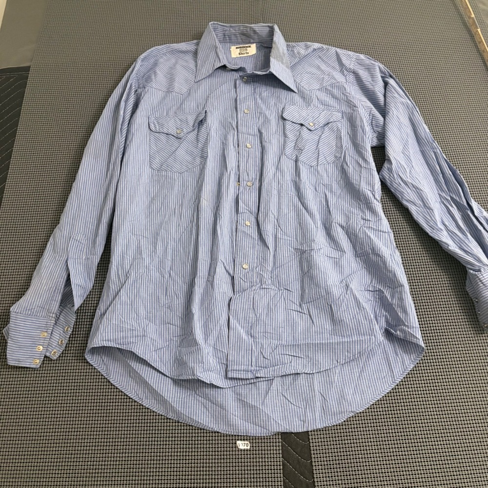Vintage Ruddock Mens L Blue White Stripe Western Pearl Snap Shirt Back Tear